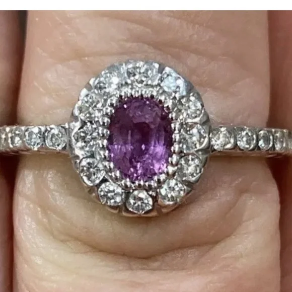 14k GENUINE Pink Sapphire & Diamond Halo Ring - Picture 6 of 15
